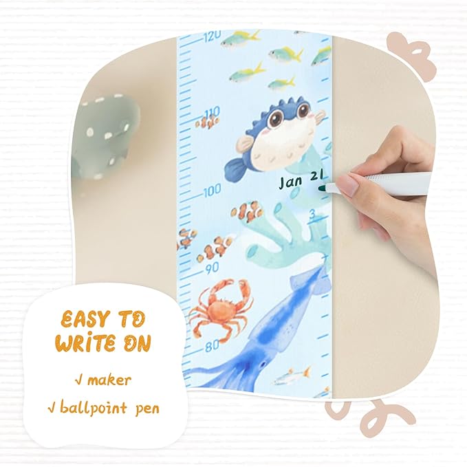 Woodemon Personalized Name Growth Chart for Wall, Painted Marine Animals Canvas Height Chart for Kids Baby Child Toddler, Canvas Growth Chart for Wall Nursery Decor, Hangable & Waterproof