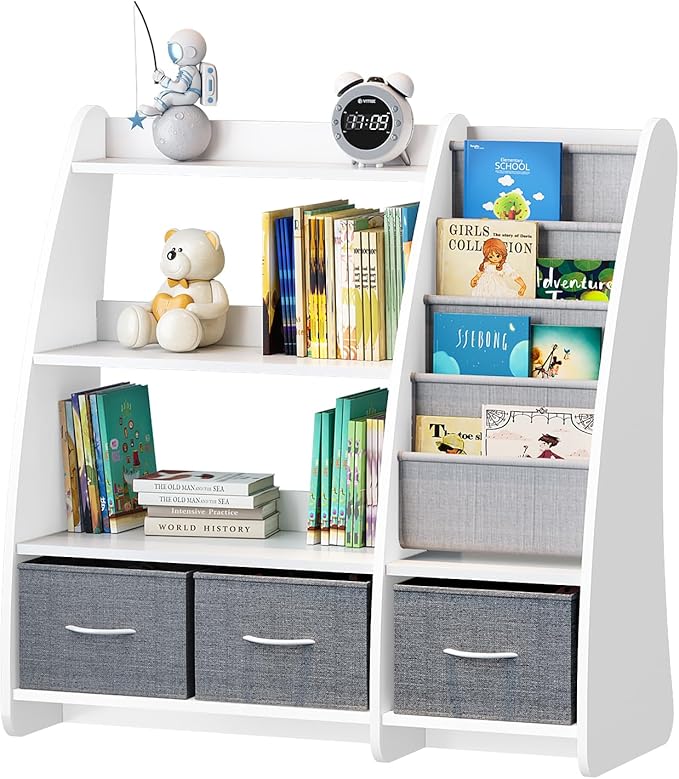 HedoAjim White Kids Bookshelf Wood Toy Storage Organizer Cabinet Children Bookcase Toddler Baby Sling Book Rack 3 Cube Bins Sail Boat Arc Shape for Playroom Bedroom Nursery Classroom