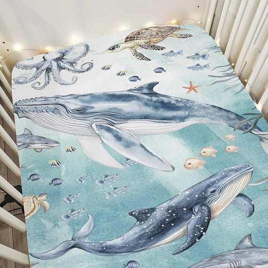 Under The Sea Baby Crib Sheets Boy Girl 52"x28" Boho Whale Shark Turtle Fishes Coral Seaweed Soft Snug Fitted Crib Mattress Cover Ocean Marine Coastal Baby Sheet for Standard Crib & Toddler Mattress