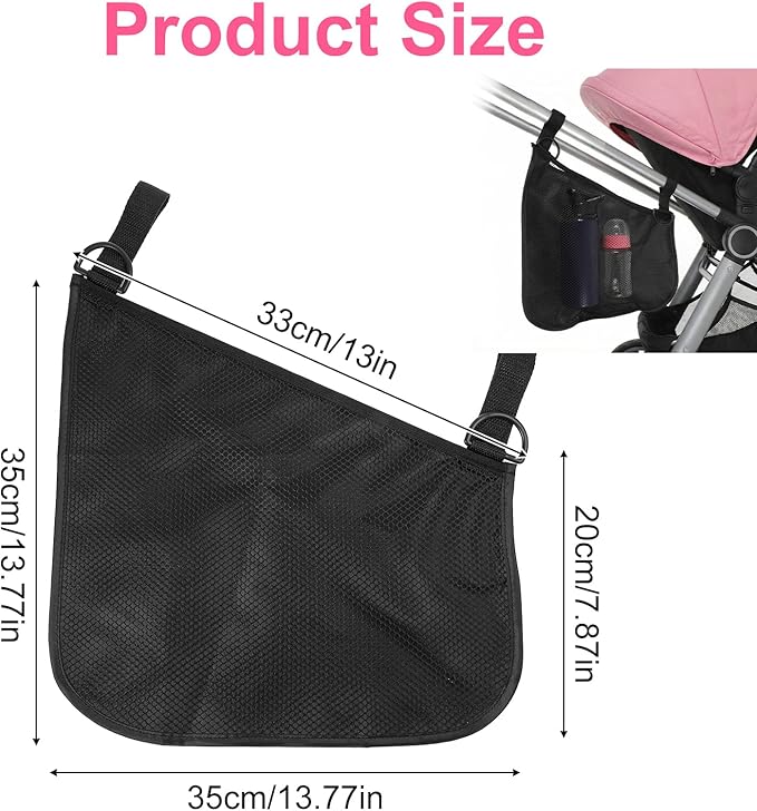 WJIAAA 2 Pack Side Sling Stroller Organizer, Universal Portable Side Sling Stroller with Mesh Cargo Net, Black Adjustable Mesh Storage Bag with Non-Slip Straps for Extra Cargo Space