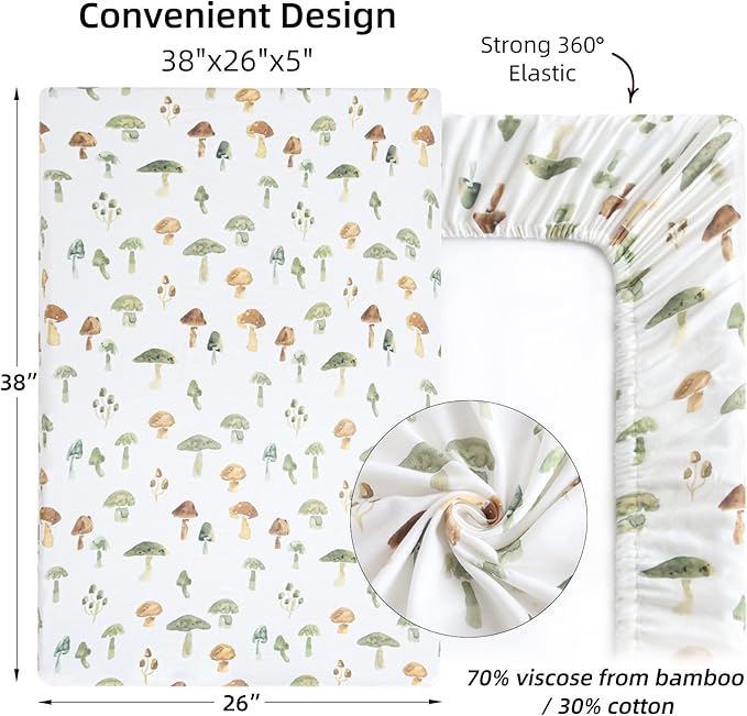 LifeTree Crib Sheets for Baby Unisex - Muslin Fitted Crib Sheets Toddler Bed Sheet, 70% Viscose from Bamboo and 30% Cotton, Fits Mini Crib & Pack and Play Playard, Mushroom, 26in x 38in