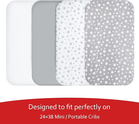 Mini Portable Crib Sheets 4 Pack for Boys or Girls (38" X 24"), Compatible with Dream on Me, Delta Porta Crib and Arms Reach Ideal Cosleeper, Grey