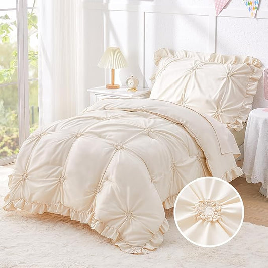 Wowelife Toddler Bedding Sets for Girls, 4-Piece Beige Toddler Bed Set Floral Ruffles Boho Bohemian Jacquard Includes Comforter, Fitted Sheet, Top Sheet and Pillowcase, Beige