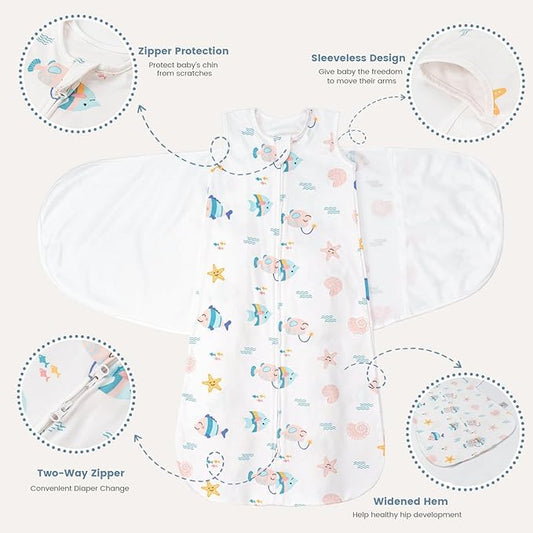 ZIGJOY Sleep Sack Swaddle 1.0 Tog Baby Wearable Blanket 100% Cotton Adjustable Silent Transition Swaddle Blanket, 0-6 Months, Ocean