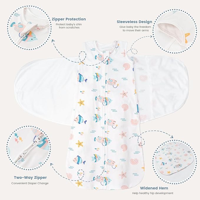 ZIGJOY Sleep Sack Swaddle 1.0 Tog Baby Wearable Blanket 100% Cotton Adjustable Silent Transition Swaddle Blanket, 6-12 Months, Ocean