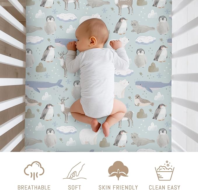 Cute Frosty Arctic Animals Baby Crib Sheets for Boy Girl Bear Penguins Deer Whale Snowflakes Soft Snug Fitted Crib Mattress Covers for 52x28 Standard Crib & Toddler Mattress Snowy Winter Baby Sheets