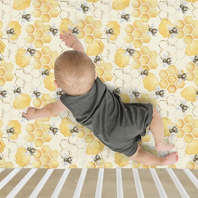 Honeycomb Bees Baby Crib Sheets for Boy Girl 52x28Inch Yellow Bee Honey Soft Stretchy Fitted Crib Mattress Covers Spring Summer Nursery Baby Sheets for Standard Crib and Toddler Bed Mattresses
