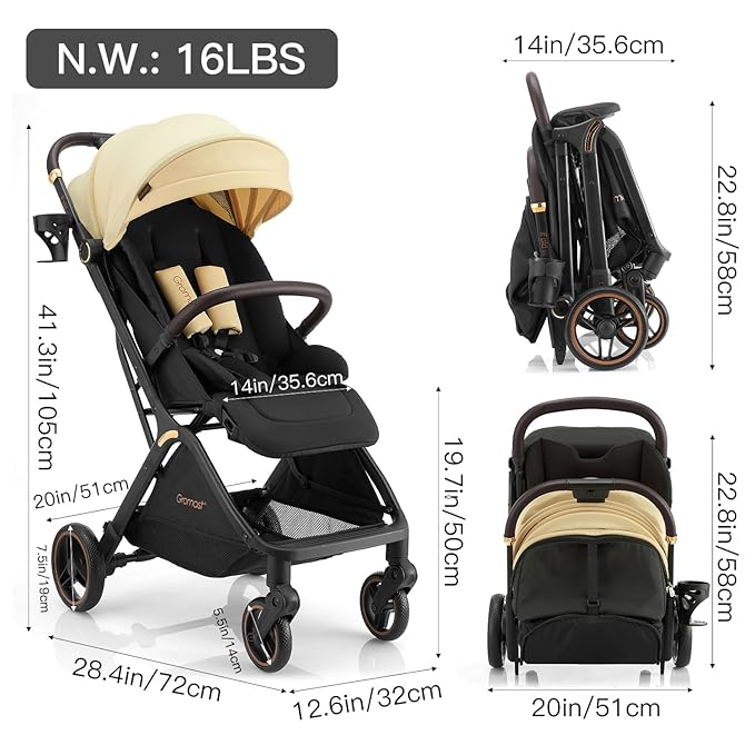 Gravity Folding Baby Stroller - Portable Travel Toddler Stroller w/Adjustable Backrest, Canopy, Footmuff & Cup Holder, Lightweight and UV Protected, One-Hand Automatic Folding - Beige