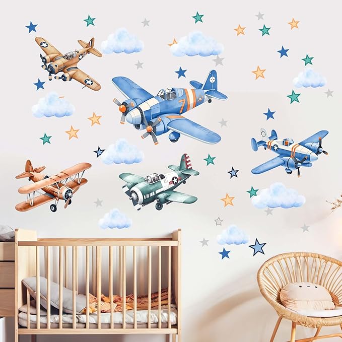 Airplane Wall Stickers for Boys Kids: Peel and Stick Cloud Star Aircrafts Wall Decals for Baby Nursery Kid Bedroom Toddler Room - Children Supplies Ages 1-12 Year Wall Decor