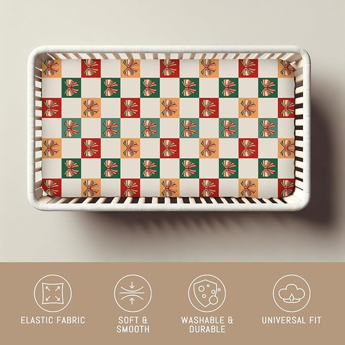 Checkerboard Christmas Bows Red Green Baby Crib Sheets for Boy Girl Vintage Bows Checkered Soft Snug Fitted Crib Mattress Covers for 52''x28'' Standard Crib & Toddler Mattress Ribbon Baby Bed Sheets