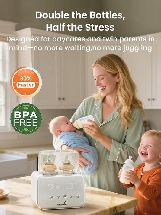 Baby Bottle Warmer, Grownsy 10-in-1 Fast Bottle Warmer Accurate Temp Control, with LCD Display, Timer, Defrost, Sterili-zing, Keep 24H, Double Bottle Warmer for Breastmilk& Formula, Heat Baby Food