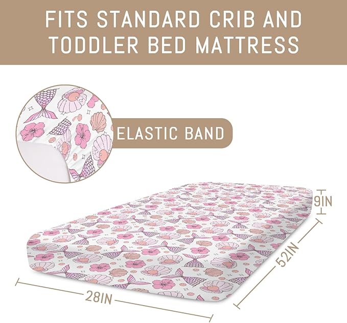 Pink Summer Mermaids Seashells Floral Baby Crib Sheets for Girls Boho Neutral Conch Pearls Soft Snug Fitted Crib Mattress Covers for 52''x28'' Standard Crib & Toddler Mattress Sea Beach Bed Sheets