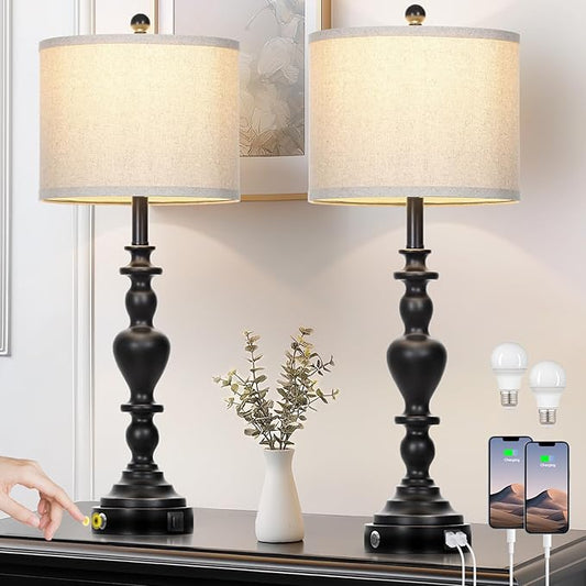 luxeflow Farmhouse Table Lamps Set of 2, 27" Black Vintage Bedside Lamps with USB A+C Charging Ports, 3-Way Dimmable Touch Control Rustic Nightstand Lamp for Living Room Office(Bulbs Included)