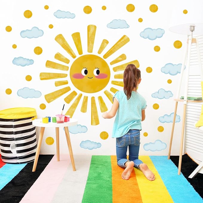 Eutecado Large Sun Wall Decals Watercolor Cloudy Wall Stickers for Kids Room, Smile Sun Polka Dots Clouds Wall Decor Stickers Peel and Stick Art Murals Decorations for Nursery Classroom Bedroom