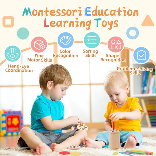 4 in 1 Montessori Toys for 2 3 4 Year Old, Wooden Color Sorting Toys for Toddlers 1-3, Preschool Learning Activities Fine Motor Matching Games, Stocking Stuffers for 18 Month Old Kids