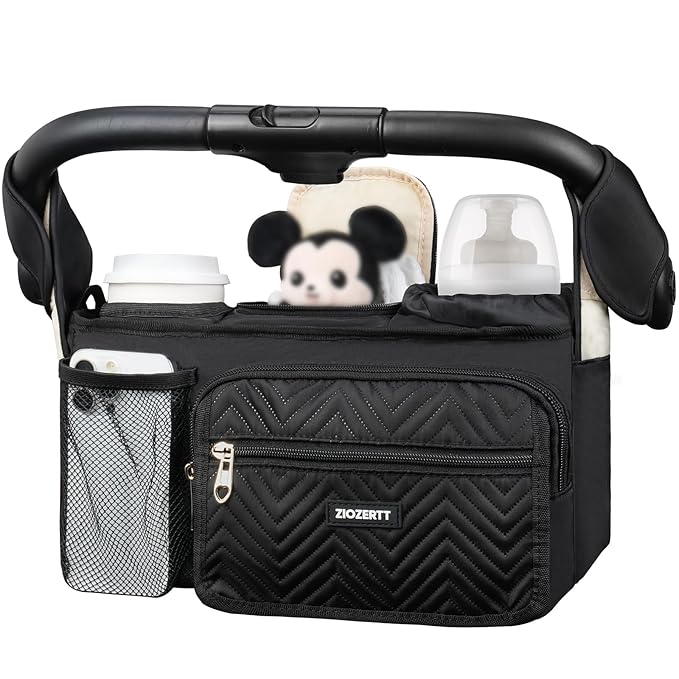 Universal Stroller Organizer with Insulated Cup Holder,Stroller Caddy Bag with Wet Wipes Pocket,Stroller Accessories Fits for Uppababy,Doona,Jogger,Britax,Mompush,BoB Strollers,Black