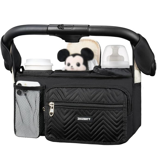 Universal Stroller Organizer with Insulated Cup Holder,Stroller Caddy Bag with Wet Wipes Pocket,Stroller Accessories Fits for Uppababy,Doona,Jogger,Britax,Mompush,BoB Strollers,Black