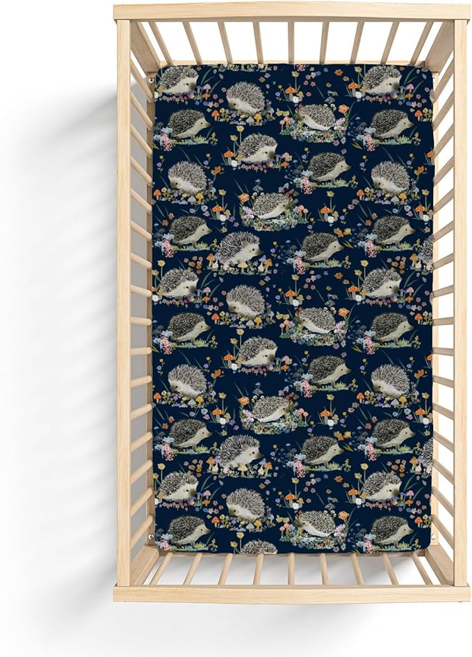Happy Hedgehogs Mushroom Floral Baby Crib Sheets for Boy Girl 28"x52" Cartoon Hedgehog Soft Snug Fitted Crib Mattress Cover Summer Animal Baby Sheet for Standard Crib & Toddler Bed Mattress