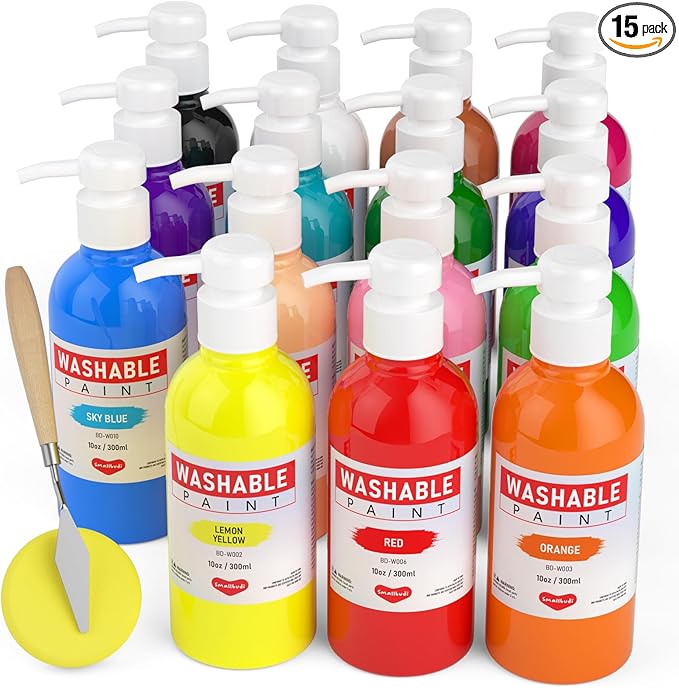 Smallbudi 15 Colors Large Washable Paint Set for Kid, 10oz/300 ml Bottle with Pump, Bulk Paint Supplies Non Toxic Children Tempera Paint for Art, Craft, DIY, Finger Paint, School, Home, Classroom