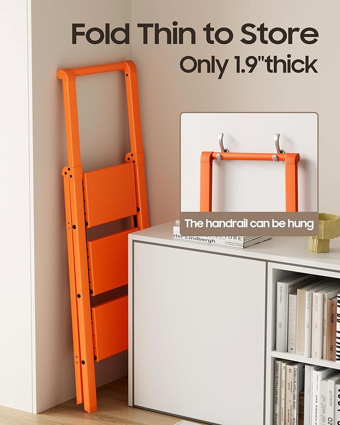 HillhutApex 3 Step Foldable Aluminum Step Ladder with Handgrip, Anti-Slip Pedal, 330 lbs Capacity, Lightweight & Portable for Home, Kitchen, Office, Garage (Orange)