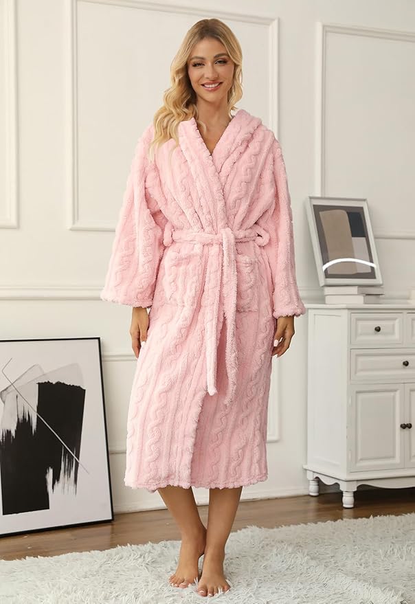 Umeyda Girls & Womens Twist Fleece Robes, Hooded Soft Warm Bath Robe for Kids Womens Fuzzy Bathrobe for Gifts