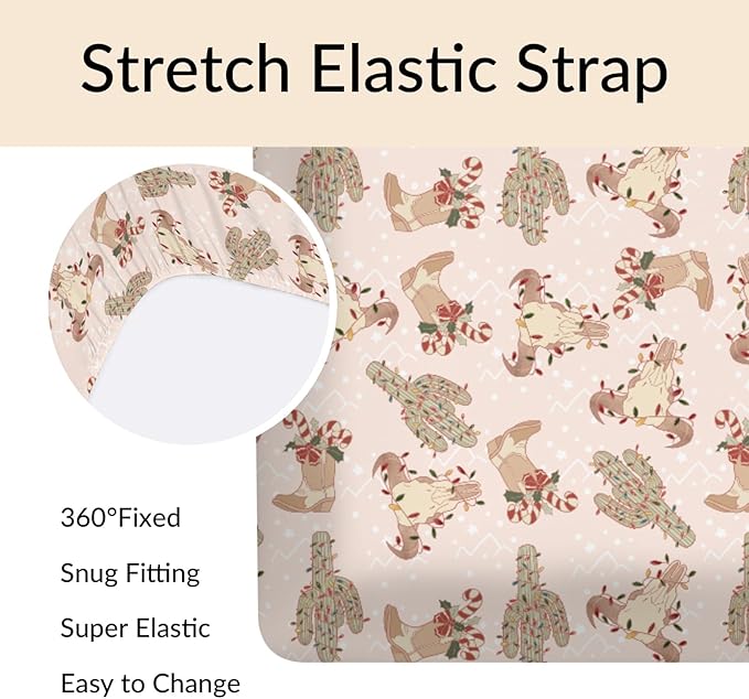 Boho Western Christmas Cowboy Baby Crib Sheets Pastel Western Cowboy Boots Cow Skull Cactus Candy Cane Fitted Crib Mattress Cover Wild West Desert Toddler Baby Sheet for Standard Crib 28x52in