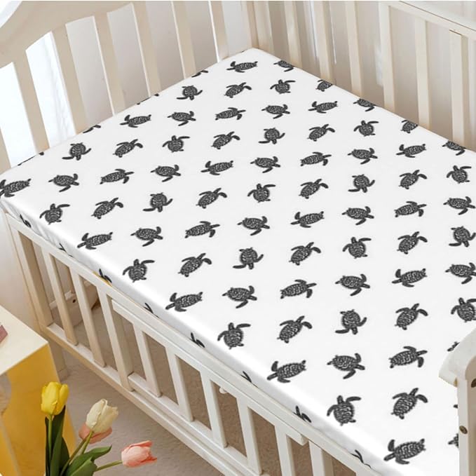 Sea Turtle Themed Fitted Crib Sheet,Standard Crib Mattress Fitted Sheet Soft and Breathable Bed Sheets-Great for Boy or Girl Room or Nursery,28“ x52“,Charcoal Grey White