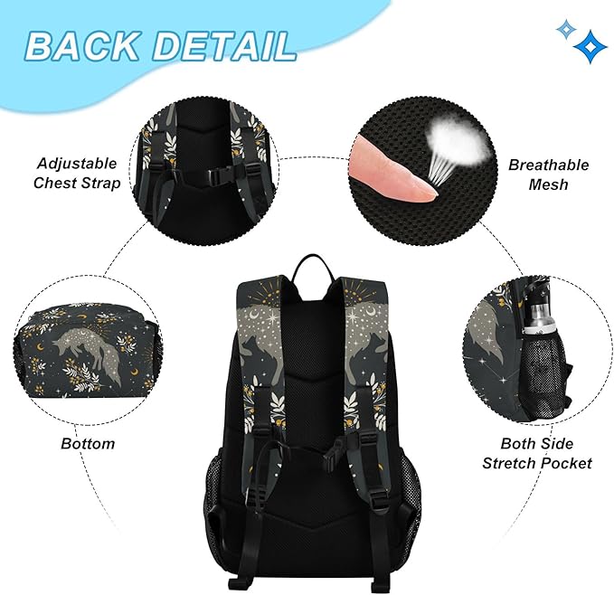 Jucciaco Magical Fox Stars Moons Boho Backpack with Lunch Bag, School Backpack for Teens Boys Girls Kids Travel Backpacks Set