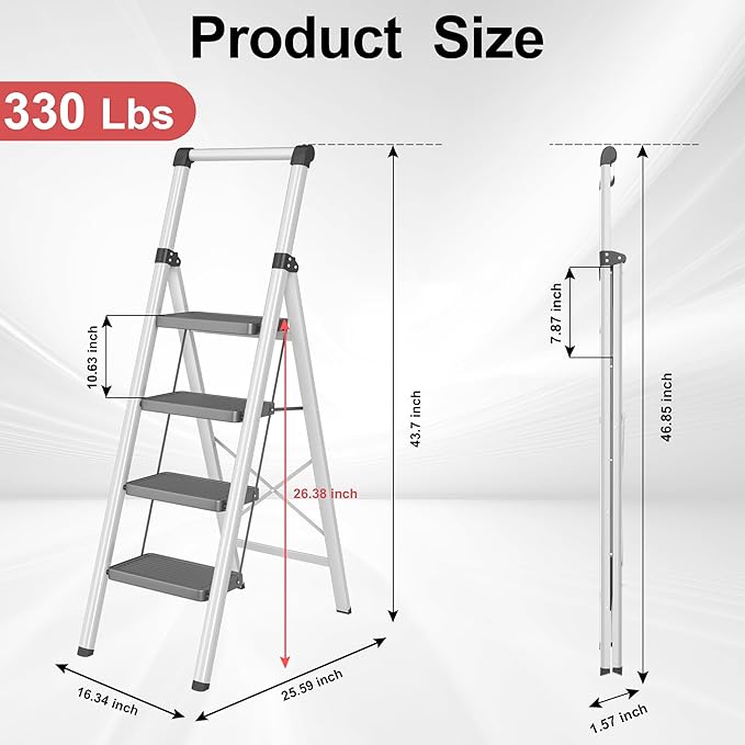 4 Step Ladder, DIAMONDFORGE Folding Step Stool with Wide Anti-Slip Pedal, Anti-Slip Feet and Handgrip, Sturdiest Steel Construction, Steel Ladder for Home, Black Grey