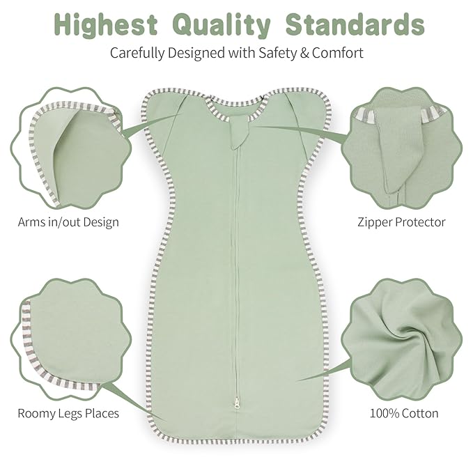 Transition Swaddle 3-6 Months Baby Sleep Sack Arms up Swaddle 2-Way Zipper 100% Cotton Arms in/out, 0.8 Tog Baby Transitional Swaddles Sack for Boy Girl, 2-Pack (Medium 14-20lbs)