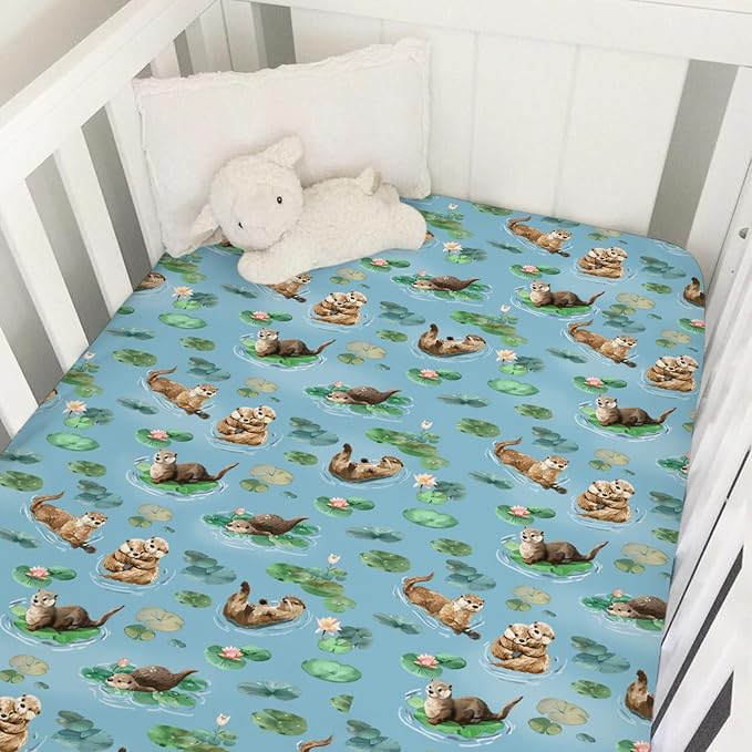 Cute Sea Otters Baby Crib Sheet - 52''x28'' Animal Snug Fitted Crib Mattress Cover for Boy & Girl - Watercolor Otters Pond Painting Soft Baby Bed Sheets for Standard Crib and Toddler Mattresses