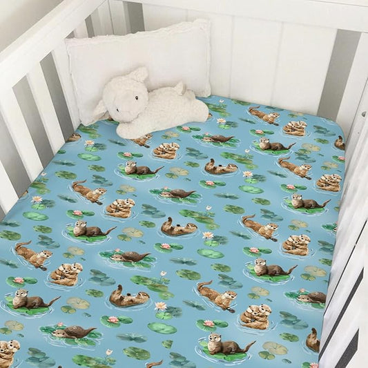 Cute Sea Otters Baby Crib Sheet - 52''x28'' Animal Snug Fitted Crib Mattress Cover for Boy & Girl - Watercolor Otters Pond Painting Soft Baby Bed Sheets for Standard Crib and Toddler Mattresses