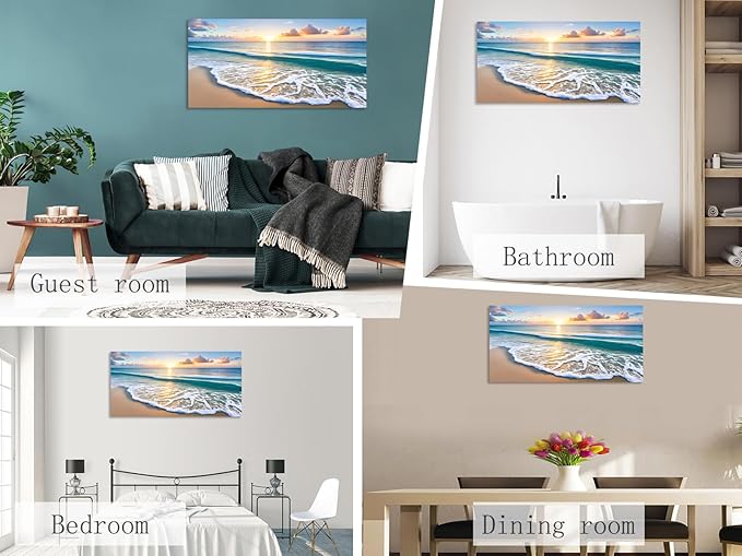 KUNHAAH Wall Art Canvas Painting Sunset Waves on The Beach 1 Piece Colorful Sky and Sparkling Clouds on The Sea Surface Picture Poster Print Framed and Stretched Ready to Hang for Living Room Bedroom