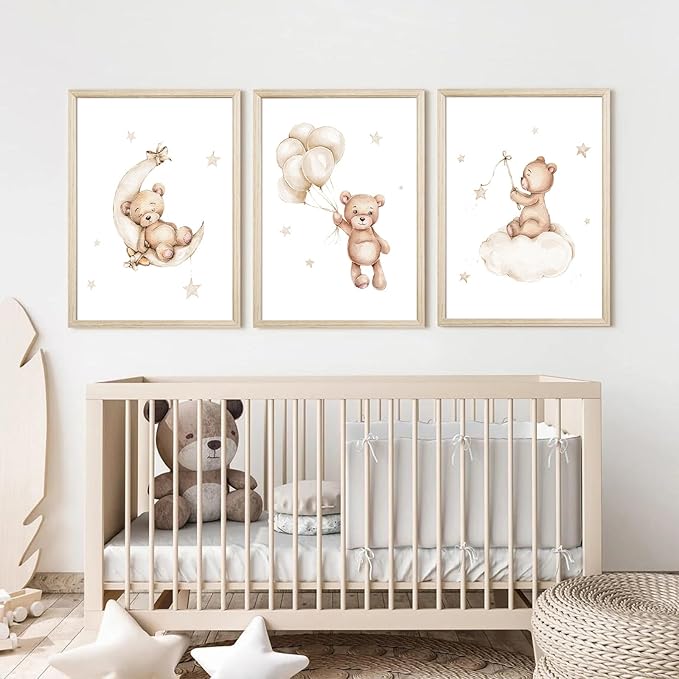 Bear Nursery Wall Art Decor Set of 3 Teddy Bear Canvas Wall Art Baby Boy Nursery Decor Prints Neutral Pictures Moon Star Cloud Print for Girls Children Room 16x24 Inch Wood Framed