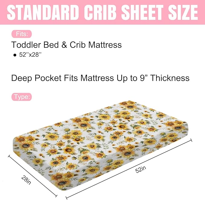 Watercolor Yellow Sunflowers Baby Crib Sheet 52''x28'' Boho Sunflowers Leaves Stretchy Fitted Crib Mattress Covers for Boy Girl Summer Wild Floral Soft Baby Sheets for Standard Crib Toddler Mattress