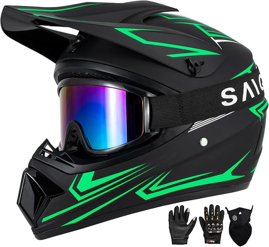Youth Kids Motocross Helmet, Adult ATV Dirt Bike Helmet with Goggles Gloves & Mask Quick, Full Face Motorcycle Helmet with Quick Release Buckle DOT Certified