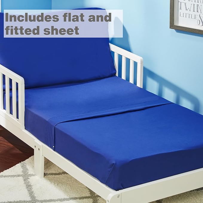 EVERYDAY KIDS 4 Piece Toddler Bedding Set - Includes Comforter, Flat Sheet, Fitted Sheet and Reversible Pillowcase - Solid Navy