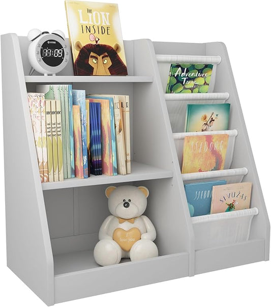 HedoAjim Gray Nursery Bookshelf for Kids 3 Tier Wood Shelf 4 Sling Baby Toddler Bookcase Book Rack with Adjustable Shelf for Boy Girl’s Gift Bedroom Playroom Nursery Classroom Church Kindergarten