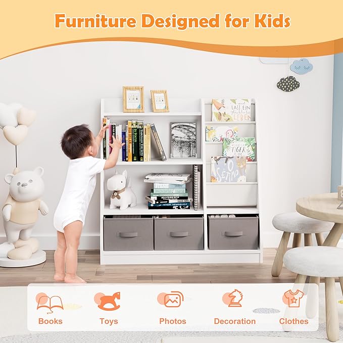 HedoAjim White Kids Bookshelf Wood Montessori Toy Storage Organizer Cabinet Shelf Child Bookcase Toddler Baby Sling Book Rack 3 Cube Bin Fabric Drawers for Playroom Bedroom Nursery School