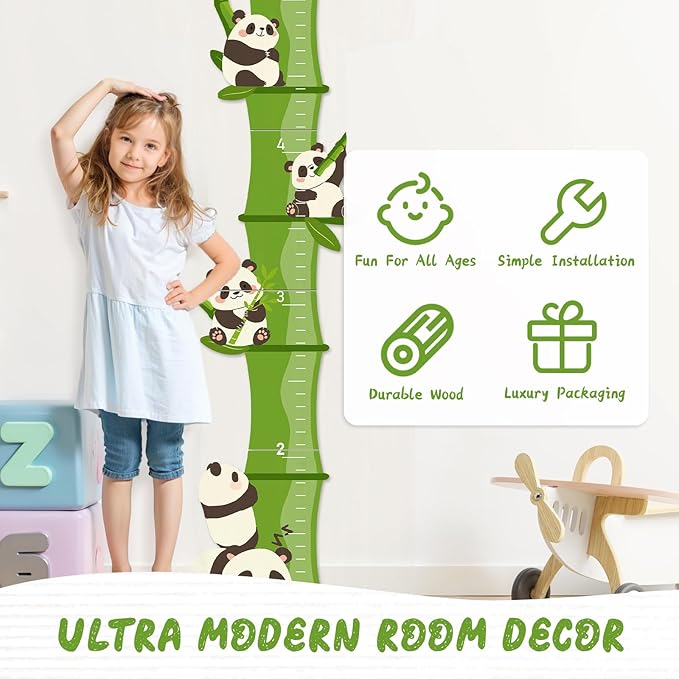 Woodemon Personalized Name Growth Chart, Bamboo Panda Wooden Height Chart, Thick Height Measuring Board, Kids Height Tracker for Nursery Decor, Baby Boy Girl Measurement Ruler