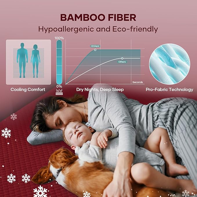 OhGeni 100% Waterproof Mattress Protector,Queen Size Mattress Soft Pad,Hair & Bedwetting Resistant,Cooling Breathable Fitted Sheets,Washable Bed Cover,Non-Slip Deep Pocket,Noiseless for Bedroom,Red