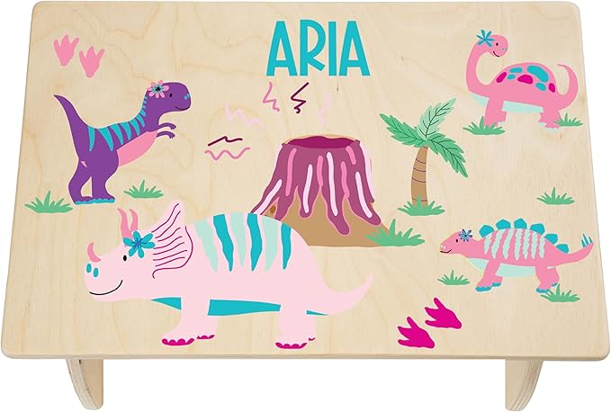 Dinosaur Step Stool for Toddler Girl - Personalized Wood Kids Step Stool with Name for Kitchen Sink, Bathroom, Potty Training, Toilet, Kitchen Sink- Made in USA by BloomOwl (Dinosaur- Girl)