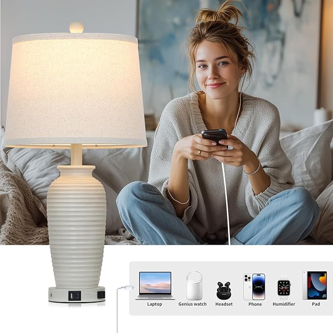 CINSARY 25" Vintage Farmhouse Jar Table Lamps, Single Rustic Bedside Lamp with USB A+C Ports & AC Outlet, Nightstand Lamps for Living Room, Bedroom, End Table, Cream(LED Bulb Included)