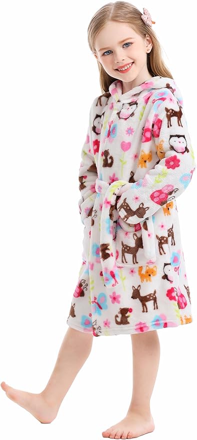 Toddler Robes Cute Pattern Bathrobe Unisex Kids Robe Baby Flannel Hoodie Pajamas Sleepwear