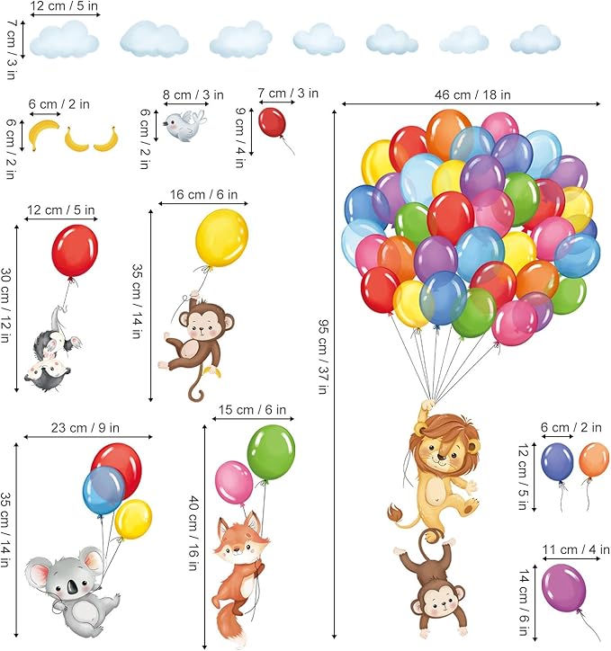 decalmile Forest Animals Balloon Wall Decals Monkey Lion Koala Wall Stickers Baby Nursery Kids Bedroom Playroom Wall Decor