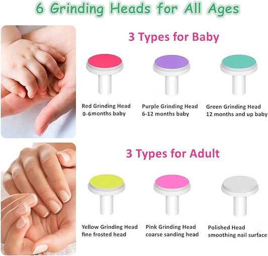 Electric Baby Nail Trimmer, Baby Nail File, Baby Nail Clippers, 6 Grinding Heads, Safe Quiet Baby Nail Grooming Care Kit for Newborn Infant Toddler Adult Battery Operated (Not Included)