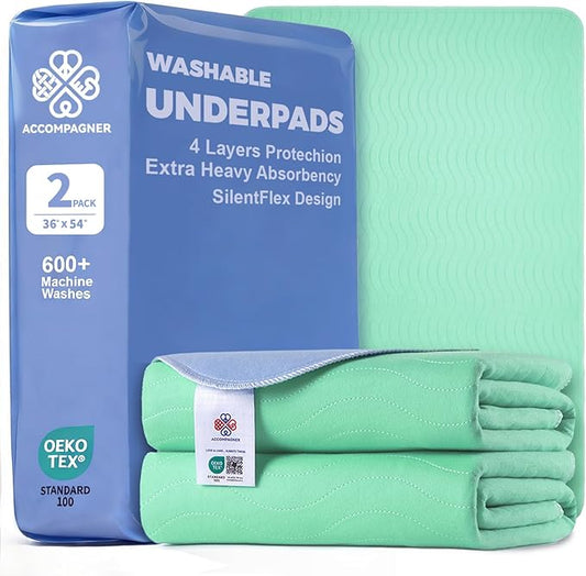 Accompagner Waterproof Reusable for Adults and Pets Washable Pee Pads for Dogs Changing Pad Large Dog Bed Size Adults Incontinence Bed Pads - Non-Slip Leak-Proof (Green, 2Pack-36" x54")