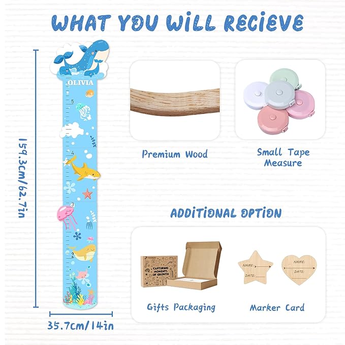 Woodemon Personalized Name Growth Chart, Marine Animals Wooden Growth Chart for Kids, Height Chart for Boys Girls, Measuring Board for Kids Height for Child's Room, Nursery Decor Decoration
