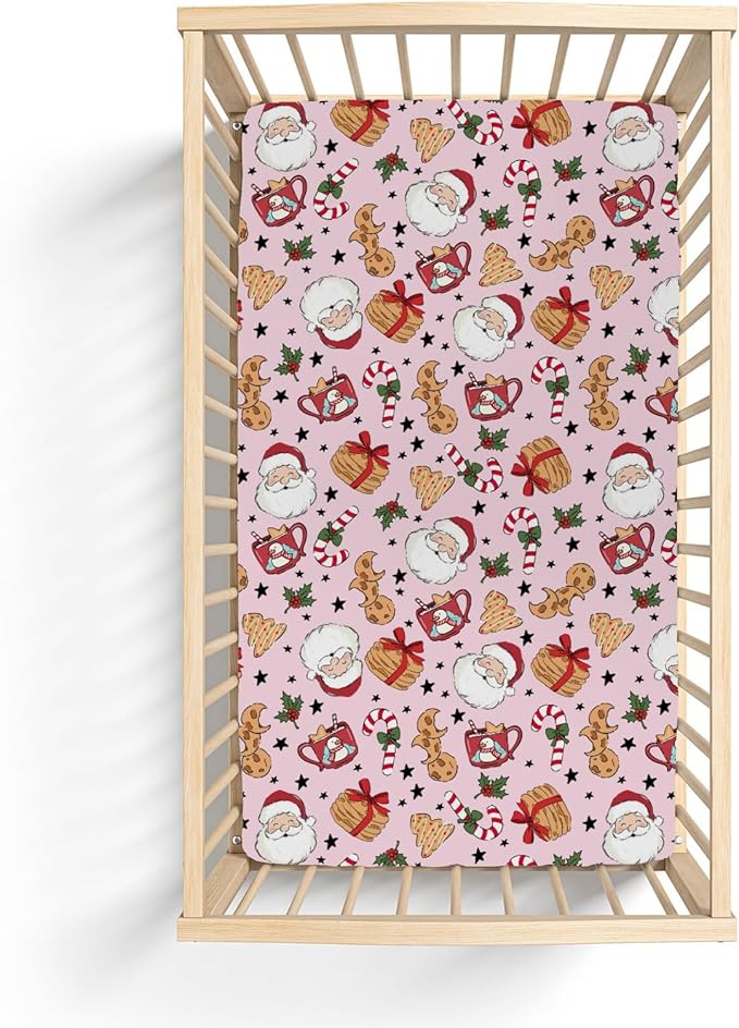 Sweet Christmas Pink Baby Crib Sheets for Boy Girl 52x28 Santa Claus Cherry Fir Candy Soft Snug Fitted Crib Mattress Cover Winter Holiday Festival Baby Sheet for Standard Crib & Toddler Bed Mattress