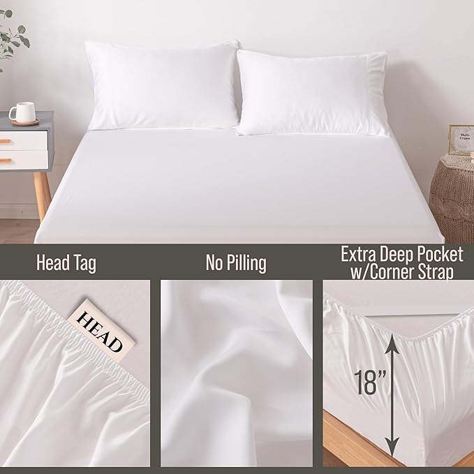 Bella Coterie Luxury Bamboo Viscose Queen Size Fitted Sheet | 100% Organically Grown | Ultra Soft | Cooling for Hot Sleepers | 18" Deep Pocket [White]